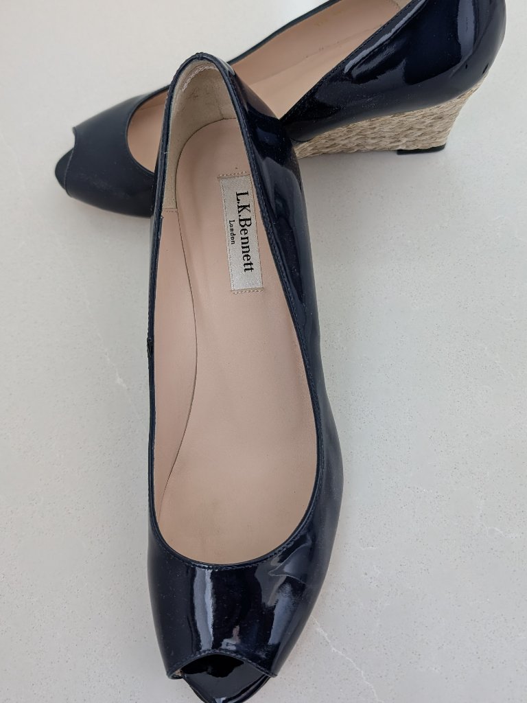 L.K. Bennett Edee Peep-Toe Patent Leather Espadrille Wedgenavy Blueus 9.5